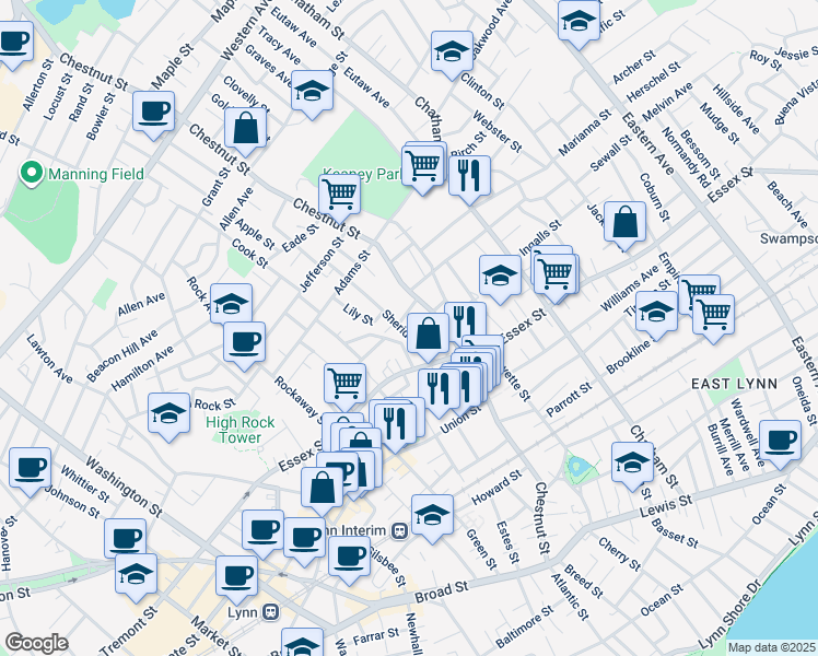 map of restaurants, bars, coffee shops, grocery stores, and more near 22 Ashton Terrace in Lynn