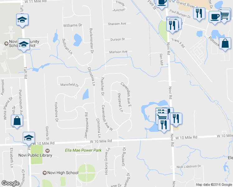 map of restaurants, bars, coffee shops, grocery stores, and more near 24559 Perceval Lane in Novi