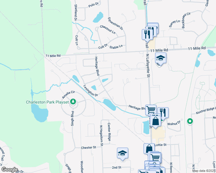 map of restaurants, bars, coffee shops, grocery stores, and more near 25113 Jefferson Court in South Lyon