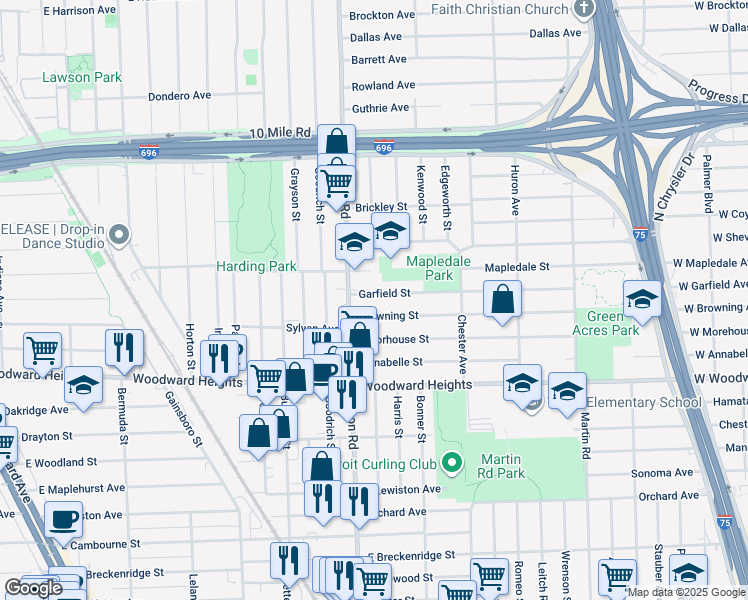 map of restaurants, bars, coffee shops, grocery stores, and more near 1596 Garfield Street in Ferndale