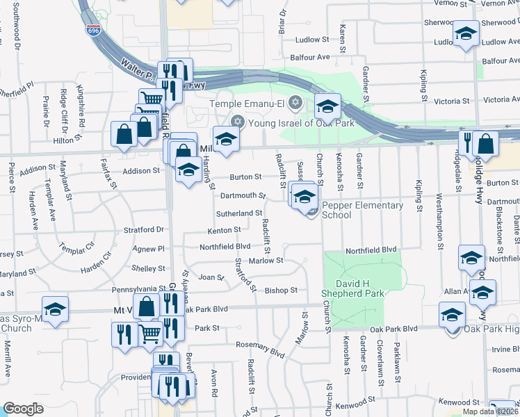 map of restaurants, bars, coffee shops, grocery stores, and more near 15000 Sutherland Street in Oak Park