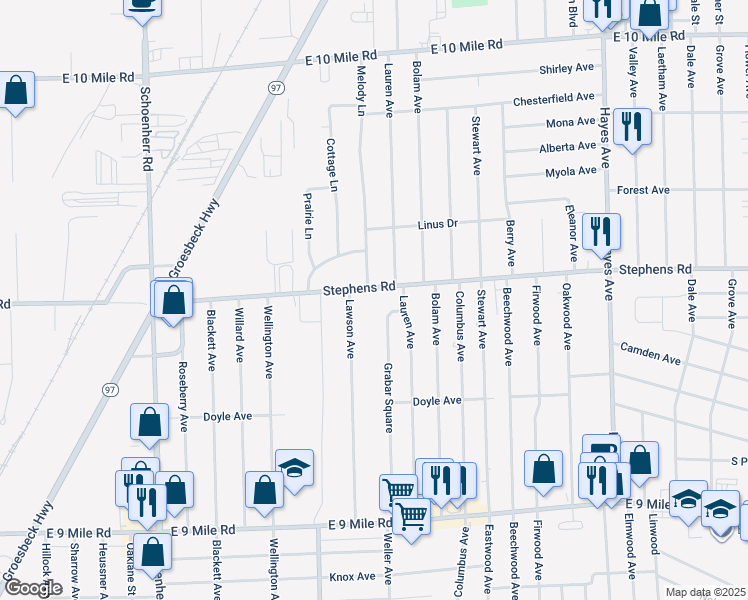 map of restaurants, bars, coffee shops, grocery stores, and more near 14320 Stephens in Warren