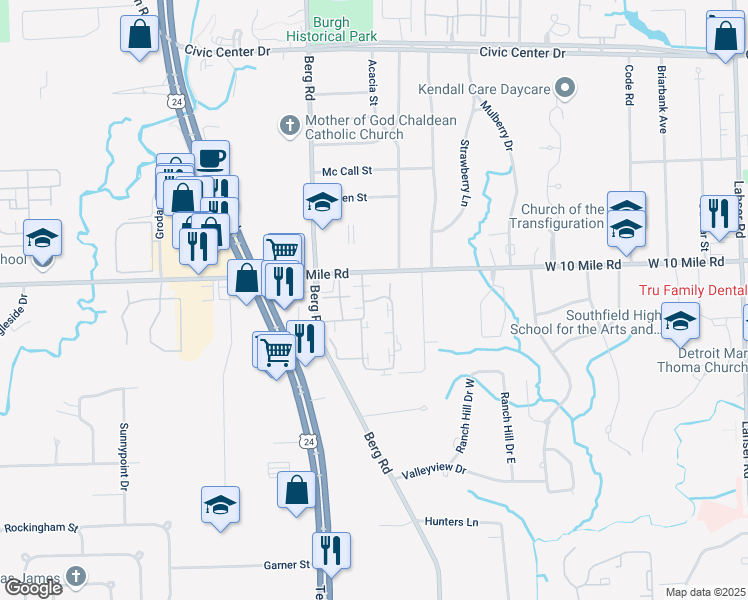 map of restaurants, bars, coffee shops, grocery stores, and more near 24665 Walden Road West in Southfield