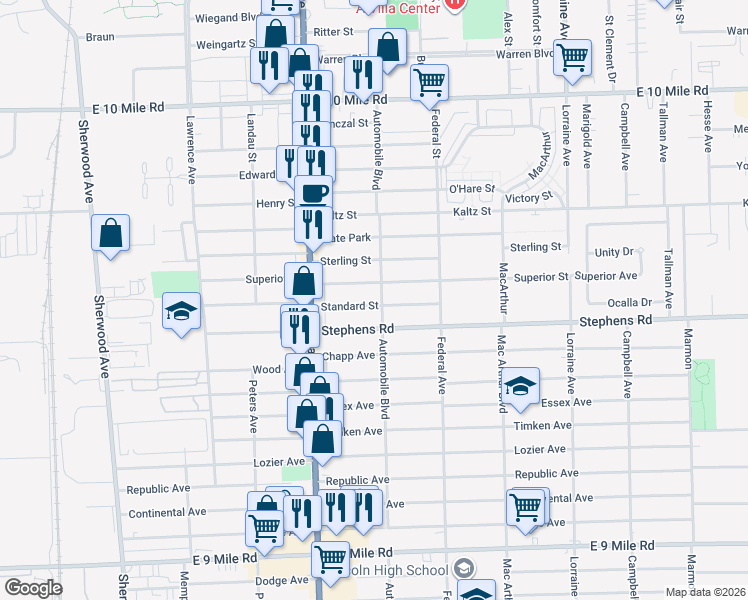 map of restaurants, bars, coffee shops, grocery stores, and more near 8090 Standard Street in Center Line