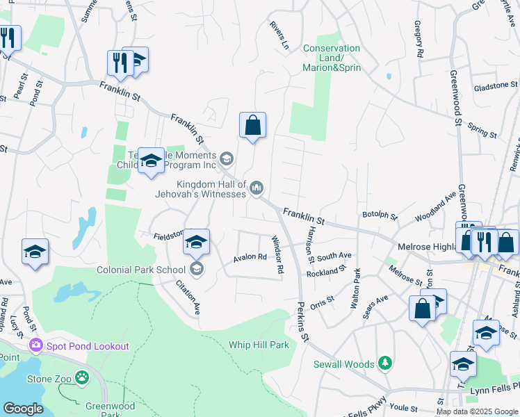 map of restaurants, bars, coffee shops, grocery stores, and more near 2 Kevin Avenue in Stoneham
