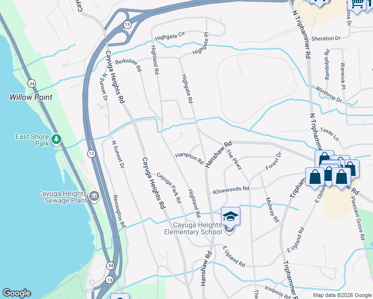 map of restaurants, bars, coffee shops, grocery stores, and more near 201 Hampton Road in Ithaca