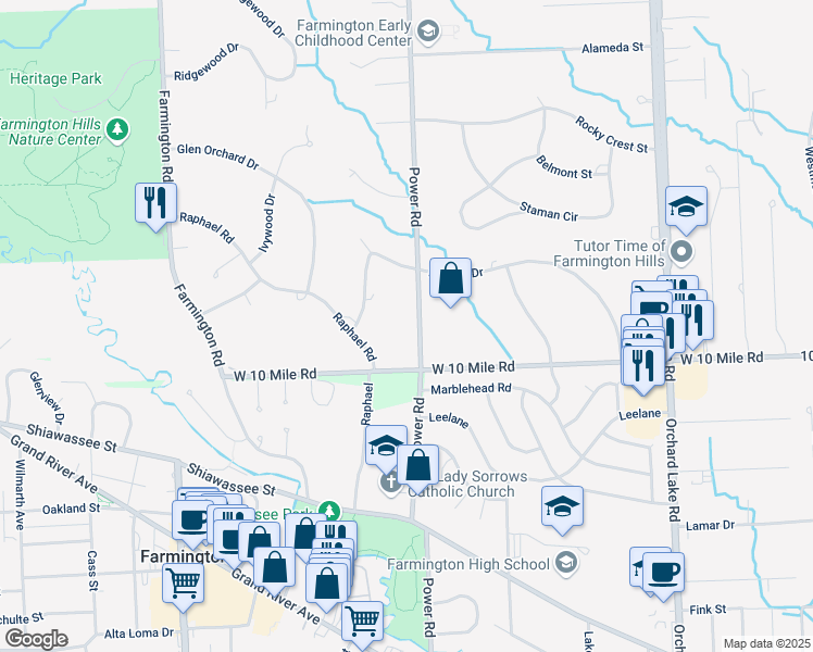 map of restaurants, bars, coffee shops, grocery stores, and more near 24325 Power Road in Farmington