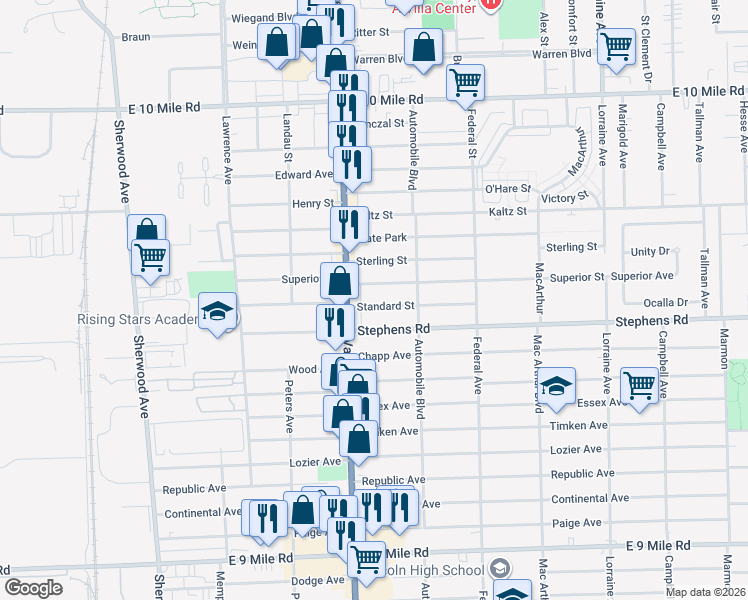 map of restaurants, bars, coffee shops, grocery stores, and more near 8036 Standard Street in Center Line