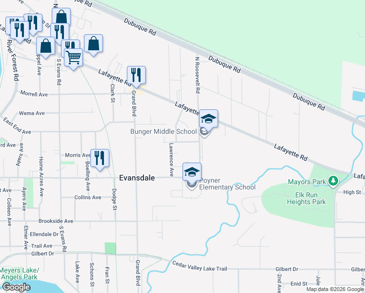 map of restaurants, bars, coffee shops, grocery stores, and more near 226 Feldt Avenue in Evansdale