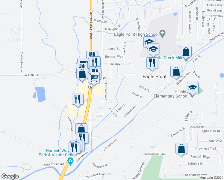 map of restaurants, bars, coffee shops, grocery stores, and more near 247 Lorraine Avenue in Eagle Point
