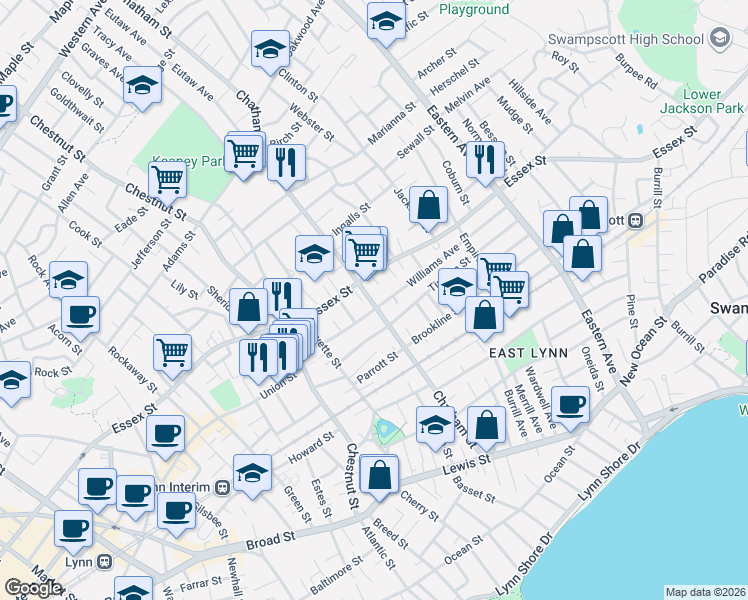 map of restaurants, bars, coffee shops, grocery stores, and more near 146 Williams Avenue in Lynn