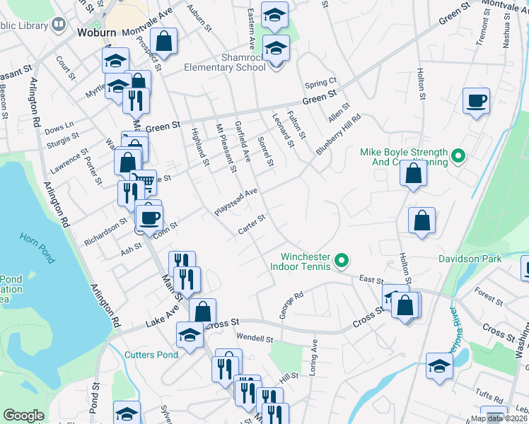 map of restaurants, bars, coffee shops, grocery stores, and more near 2 Carter Street in Woburn
