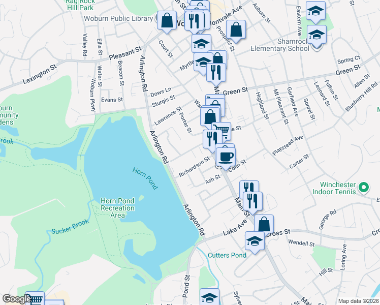 map of restaurants, bars, coffee shops, grocery stores, and more near 31 Hudson Street in Woburn