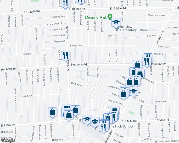 map of restaurants, bars, coffee shops, grocery stores, and more near 15304 Semrau Avenue in Eastpointe