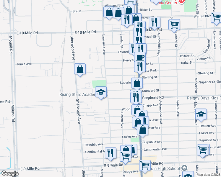 map of restaurants, bars, coffee shops, grocery stores, and more near 7217 Standard Street in Center Line