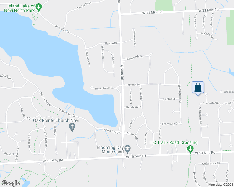 map of restaurants, bars, coffee shops, grocery stores, and more near 24849 Reeds Pointe Drive in Novi