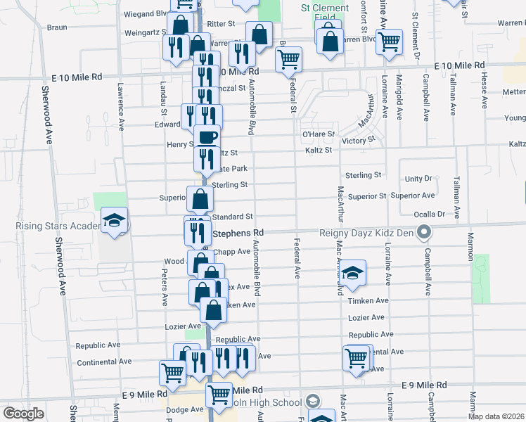 map of restaurants, bars, coffee shops, grocery stores, and more near 8220 Standard Street in Center Line
