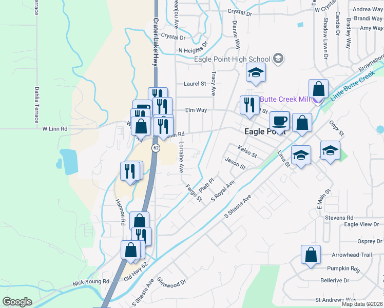 map of restaurants, bars, coffee shops, grocery stores, and more near 247 Lorraine Avenue in Eagle Point
