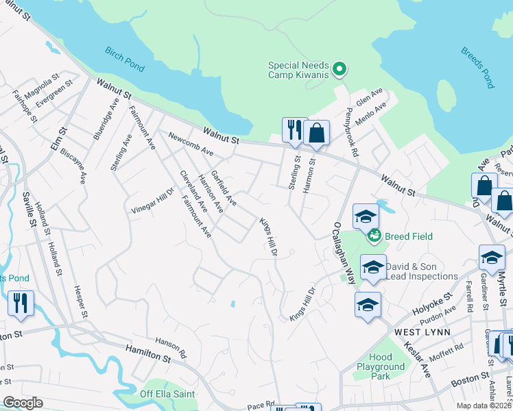 map of restaurants, bars, coffee shops, grocery stores, and more near 94 Garfield Avenue in Lynn