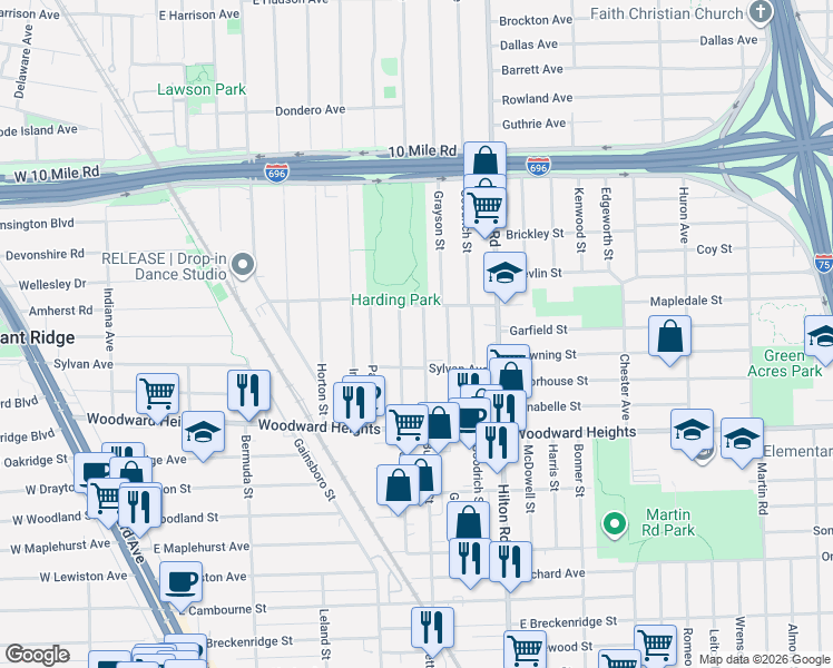 map of restaurants, bars, coffee shops, grocery stores, and more near 2944 Wolcott Street in Ferndale