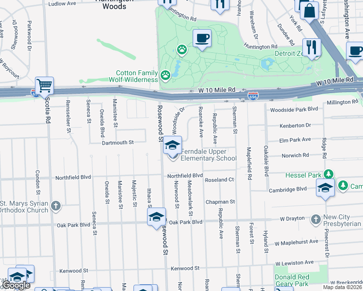 map of restaurants, bars, coffee shops, grocery stores, and more near 8855 Kenberton Drive in Oak Park