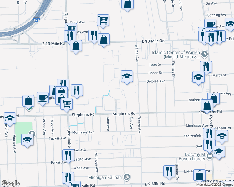 map of restaurants, bars, coffee shops, grocery stores, and more near 24484 Greenhill Road in Warren