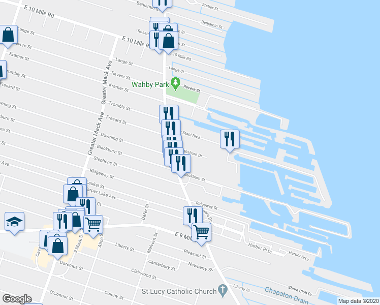 map of restaurants, bars, coffee shops, grocery stores, and more near Northshore Drive in Saint Clair Shores