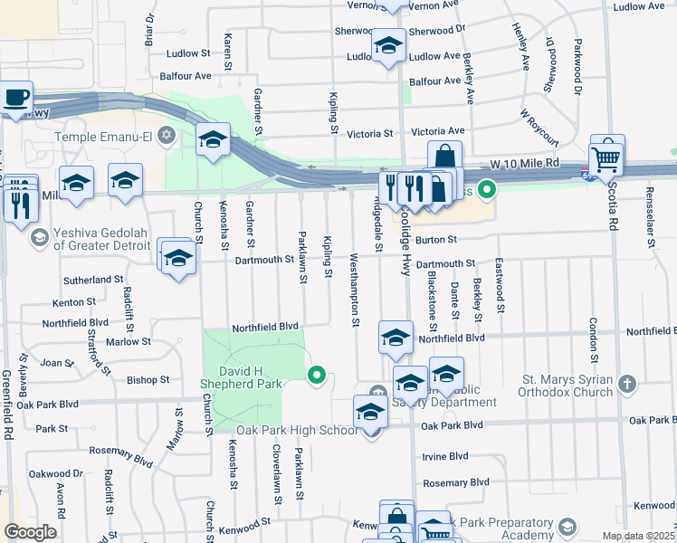 map of restaurants, bars, coffee shops, grocery stores, and more near 24311 Westhampton Street in Oak Park