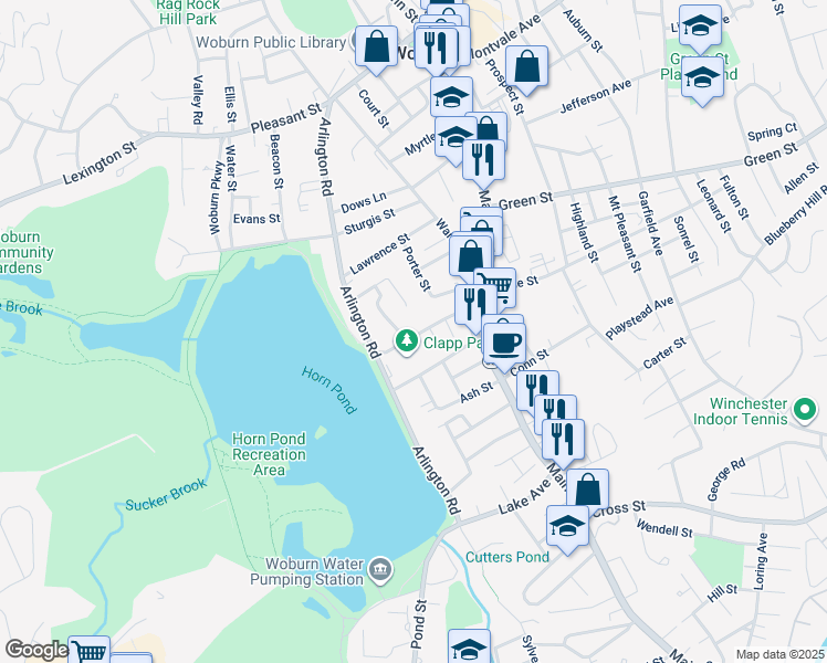 map of restaurants, bars, coffee shops, grocery stores, and more near 31 Hudson Street in Woburn