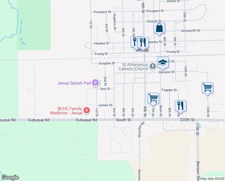 map of restaurants, bars, coffee shops, grocery stores, and more near 1101-1199 2nd Street in Jesup