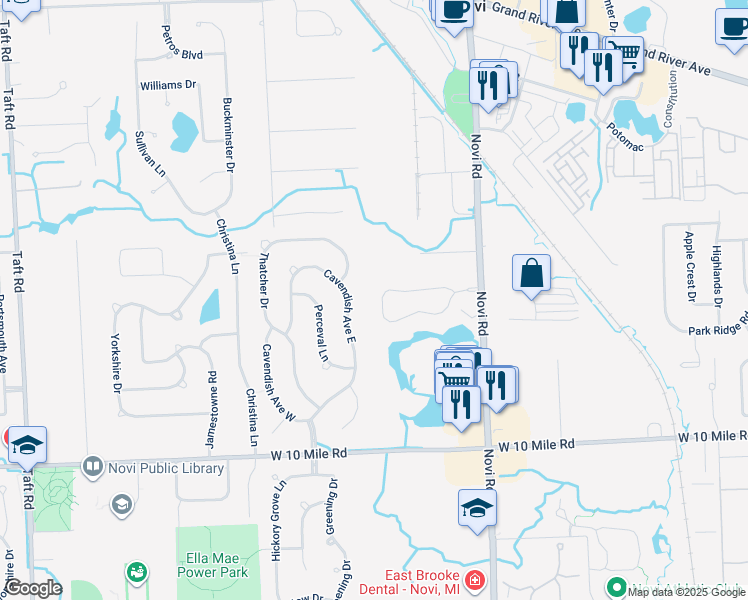 map of restaurants, bars, coffee shops, grocery stores, and more near 24827 Ivy Road in Novi