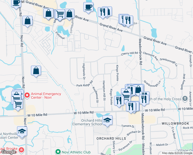 map of restaurants, bars, coffee shops, grocery stores, and more near 42217 Park Ridge Road in Novi