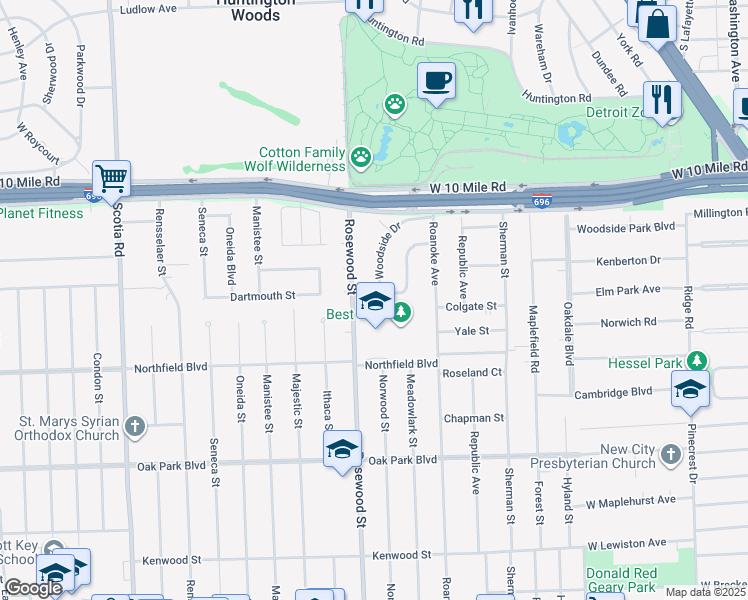 map of restaurants, bars, coffee shops, grocery stores, and more near 8865 Kenberton Drive in Oak Park