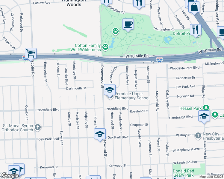 map of restaurants, bars, coffee shops, grocery stores, and more near 8855 Kenberton Drive in Oak Park