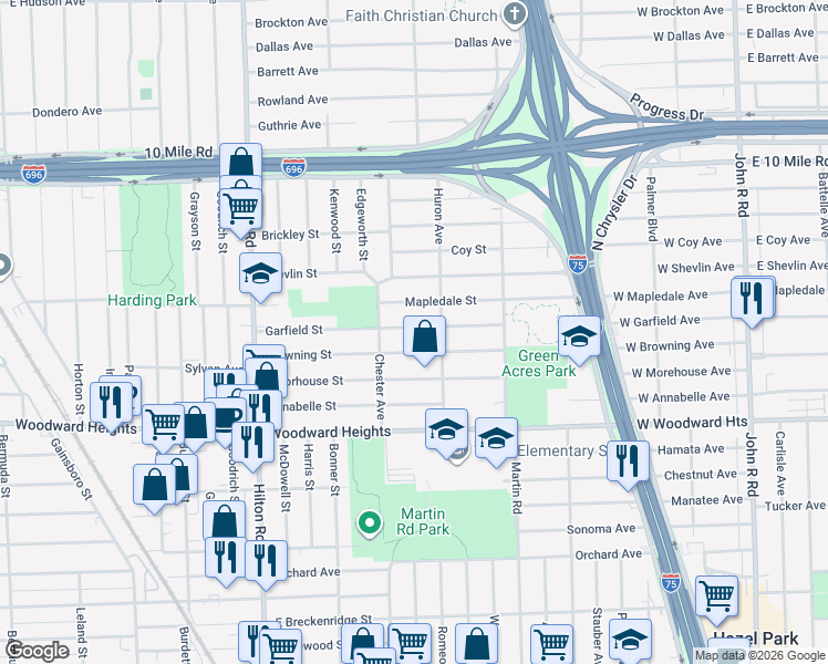 map of restaurants, bars, coffee shops, grocery stores, and more near 1931 Browning Street in Ferndale