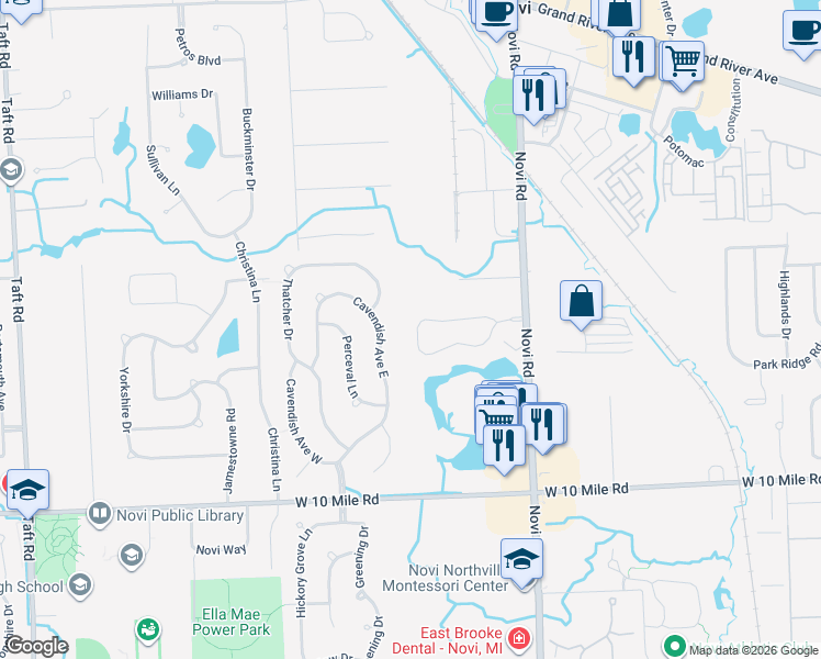 map of restaurants, bars, coffee shops, grocery stores, and more near 24827 Ivy Road in Novi
