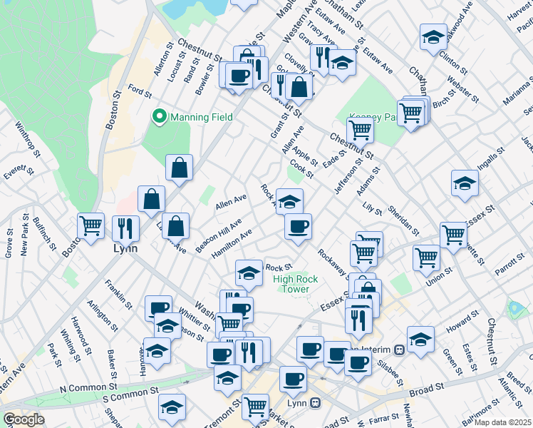 map of restaurants, bars, coffee shops, grocery stores, and more near 139 Hamilton Avenue in Lynn