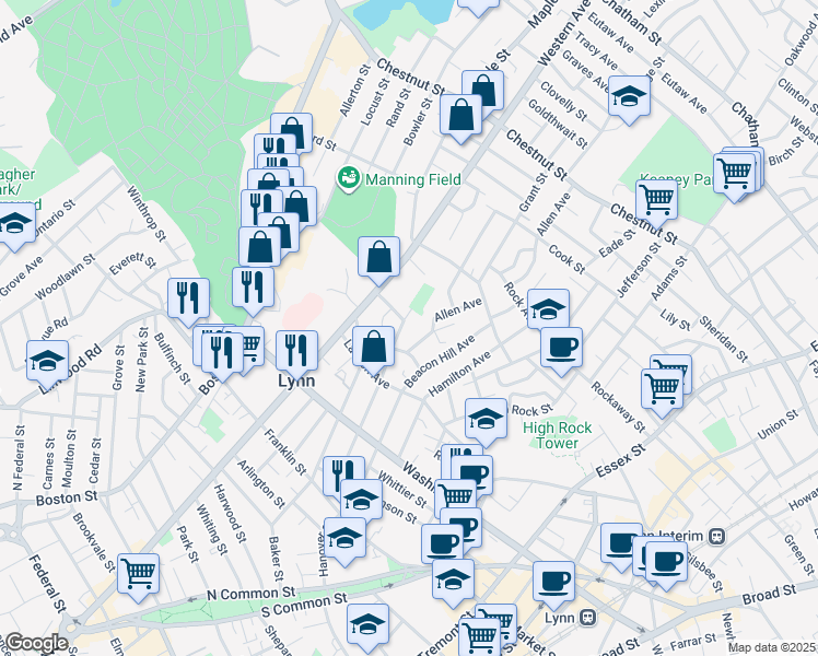 map of restaurants, bars, coffee shops, grocery stores, and more near 111 Henry Avenue in Lynn