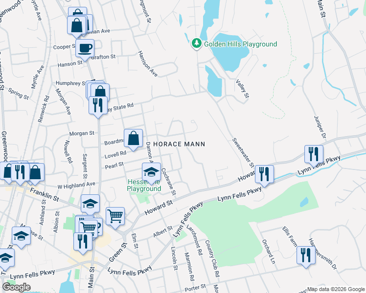map of restaurants, bars, coffee shops, grocery stores, and more near 34 Cranmore Lane in Melrose