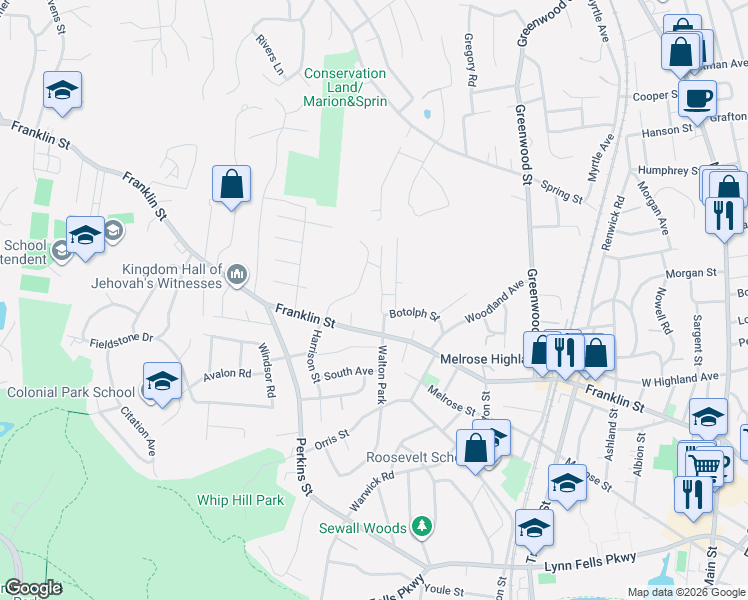 map of restaurants, bars, coffee shops, grocery stores, and more near 20 Botolph Street in Melrose
