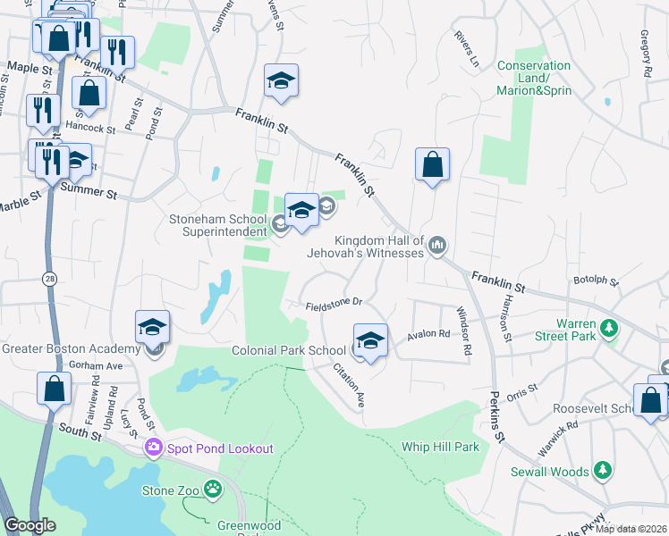 map of restaurants, bars, coffee shops, grocery stores, and more near 50 Fieldstone Drive in Stoneham