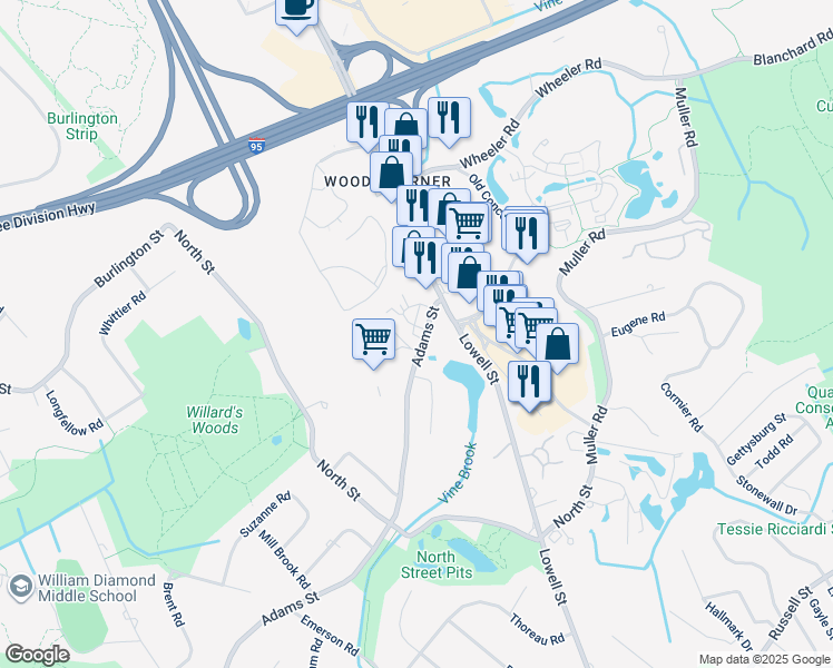 map of restaurants, bars, coffee shops, grocery stores, and more near in Burlington