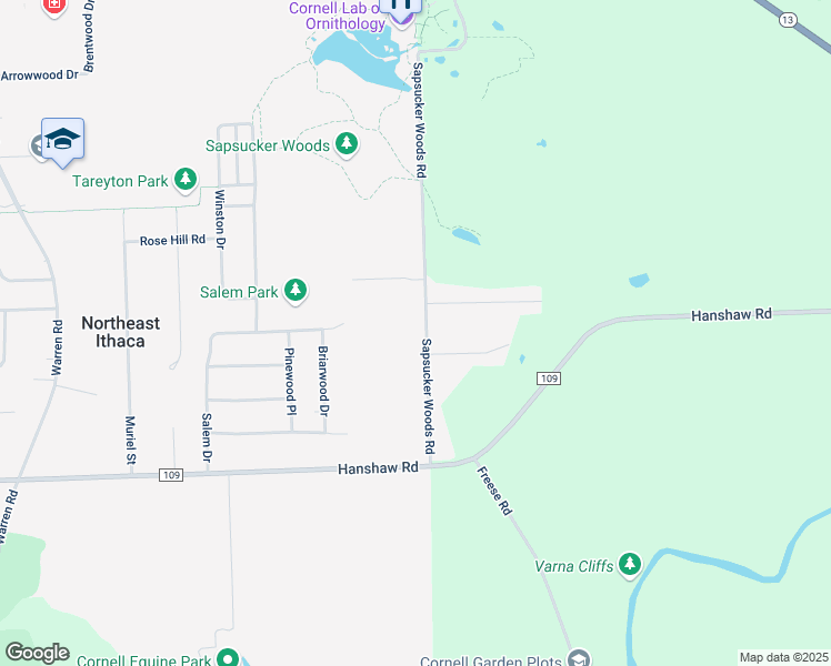 map of restaurants, bars, coffee shops, grocery stores, and more near 214 Sapsucker Woods Road in Ithaca