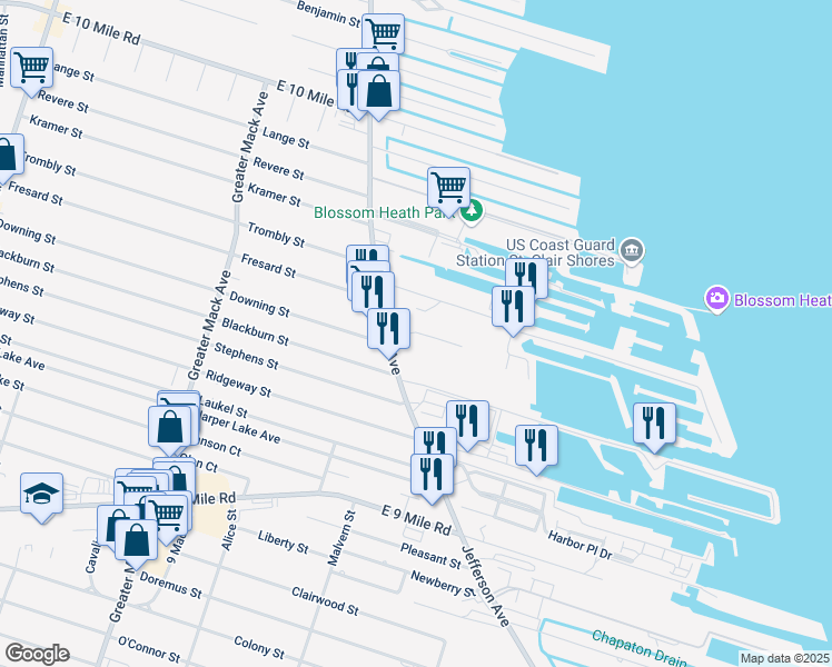 map of restaurants, bars, coffee shops, grocery stores, and more near 401 Northshore Drive in St. Clair Shores