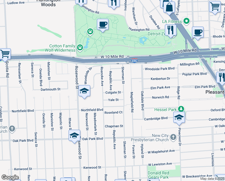 map of restaurants, bars, coffee shops, grocery stores, and more near 8441 Colgate Street in Oak Park