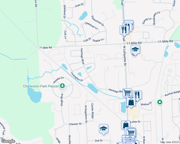map of restaurants, bars, coffee shops, grocery stores, and more near 25113 Jefferson Court in South Lyon