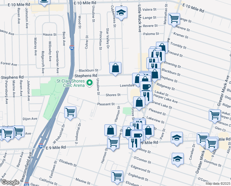map of restaurants, bars, coffee shops, grocery stores, and more near 20425 Shores Street in Saint Clair Shores
