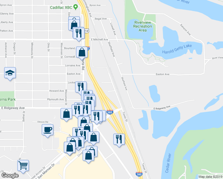 map of restaurants, bars, coffee shops, grocery stores, and more near 2085 Howard Avenue in Waterloo