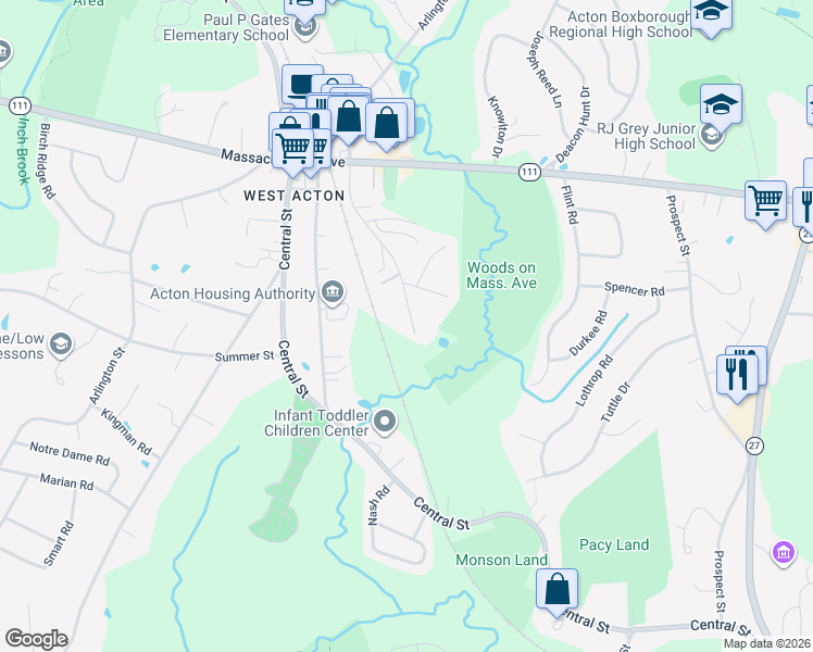 map of restaurants, bars, coffee shops, grocery stores, and more near 43 Kinsley Road in Acton