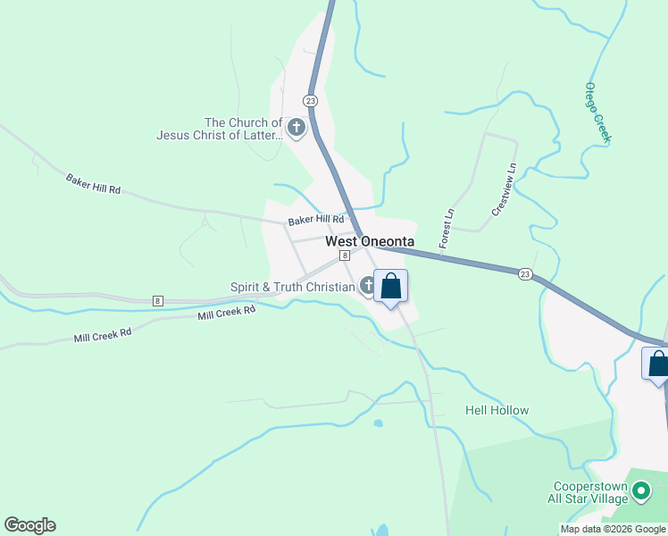 map of restaurants, bars, coffee shops, grocery stores, and more near 2-98 School St in Oneonta